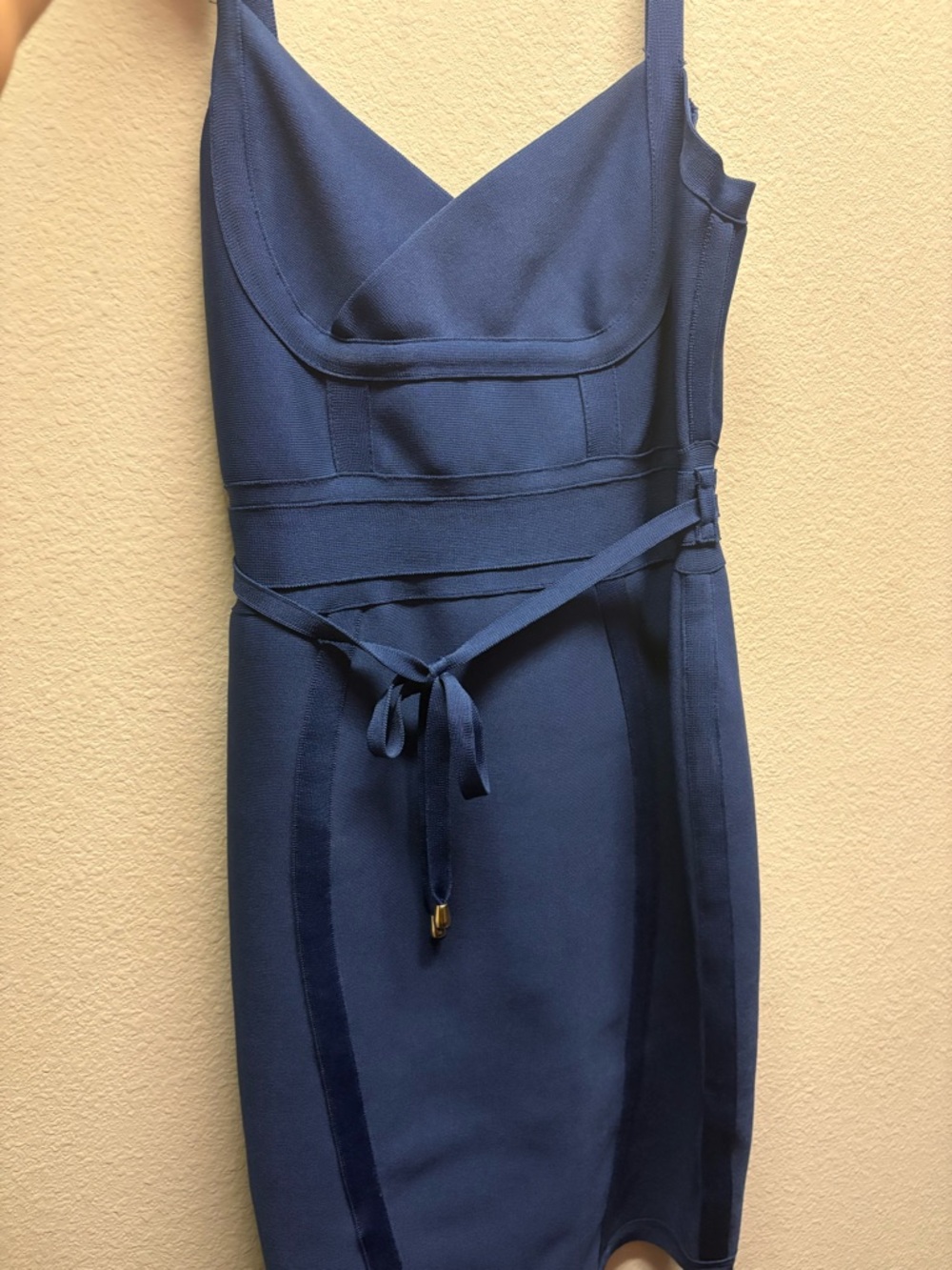 Women's Navy Blue V-Neck Sheath Dress with Tie Waist